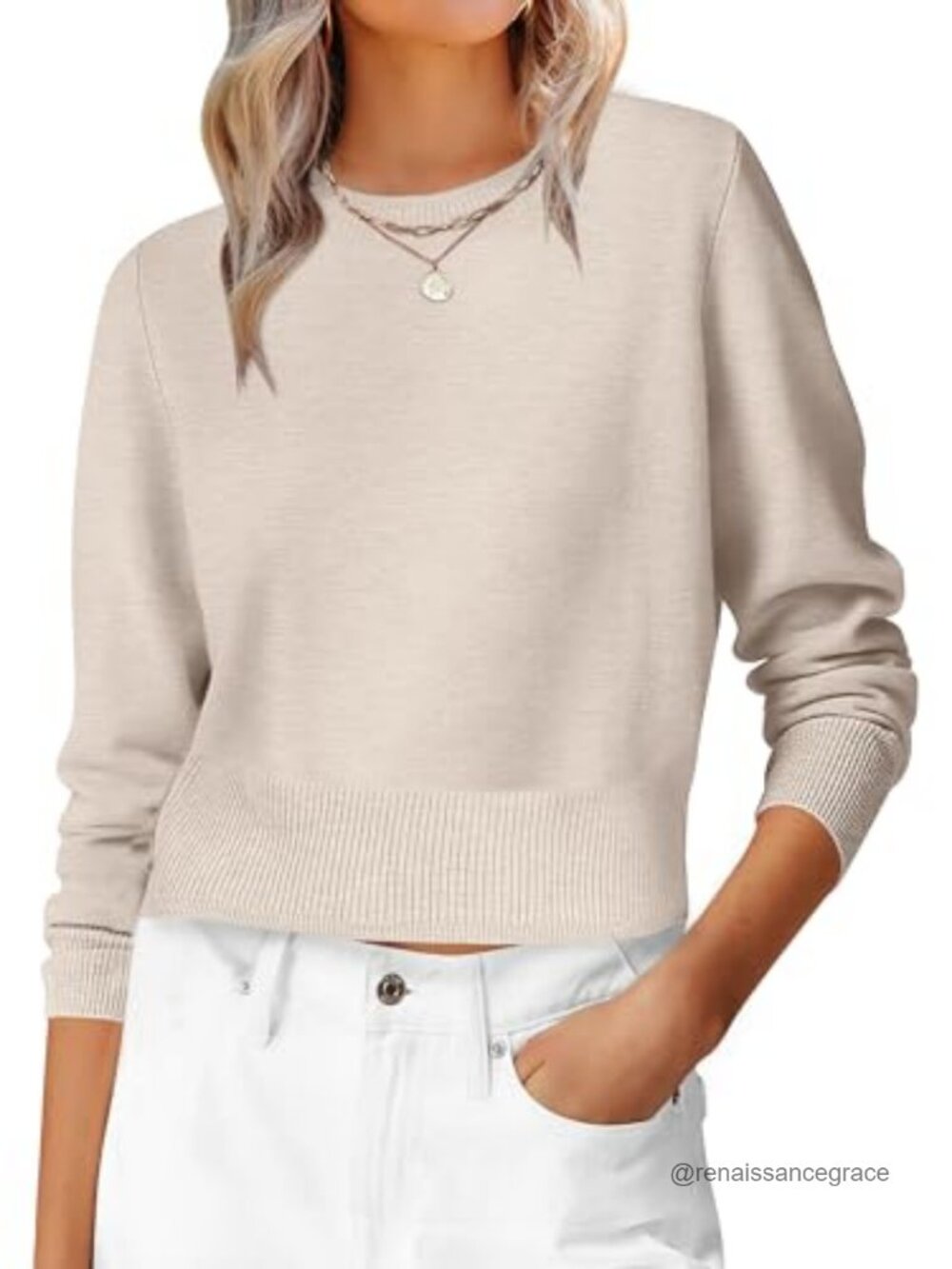 Women's Cropped Crew Neck Long Sleeve Sweater Fall